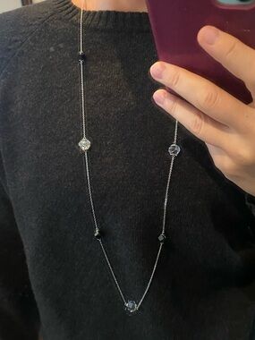 Swarovski long silver color chain, 90cm beaded black/clear crystal necklace
